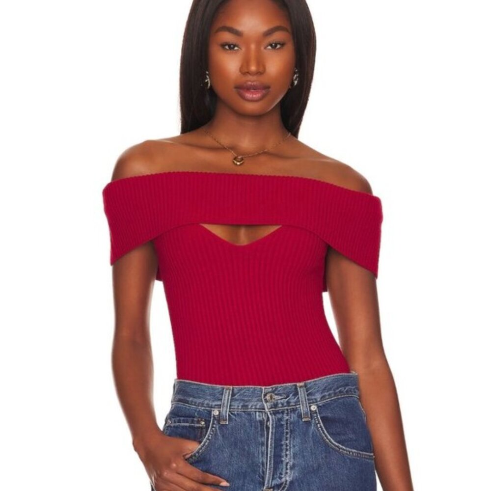 GRLFRND Crystal Knit Top in Red Size Small Off-shoulder Red Ribbed Tee